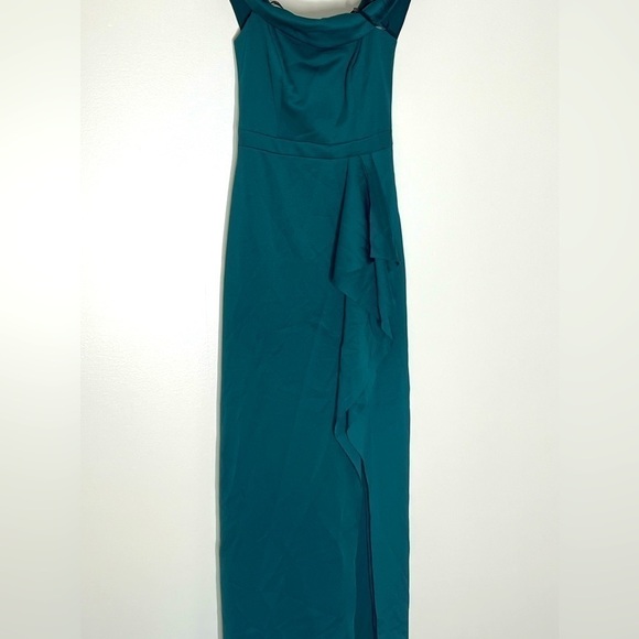 -AQUA WOMEN'S OFF THE SHOULDER CASCADE GOWN HUNTER GREEN SIZE 4 - Picture 8 of 10